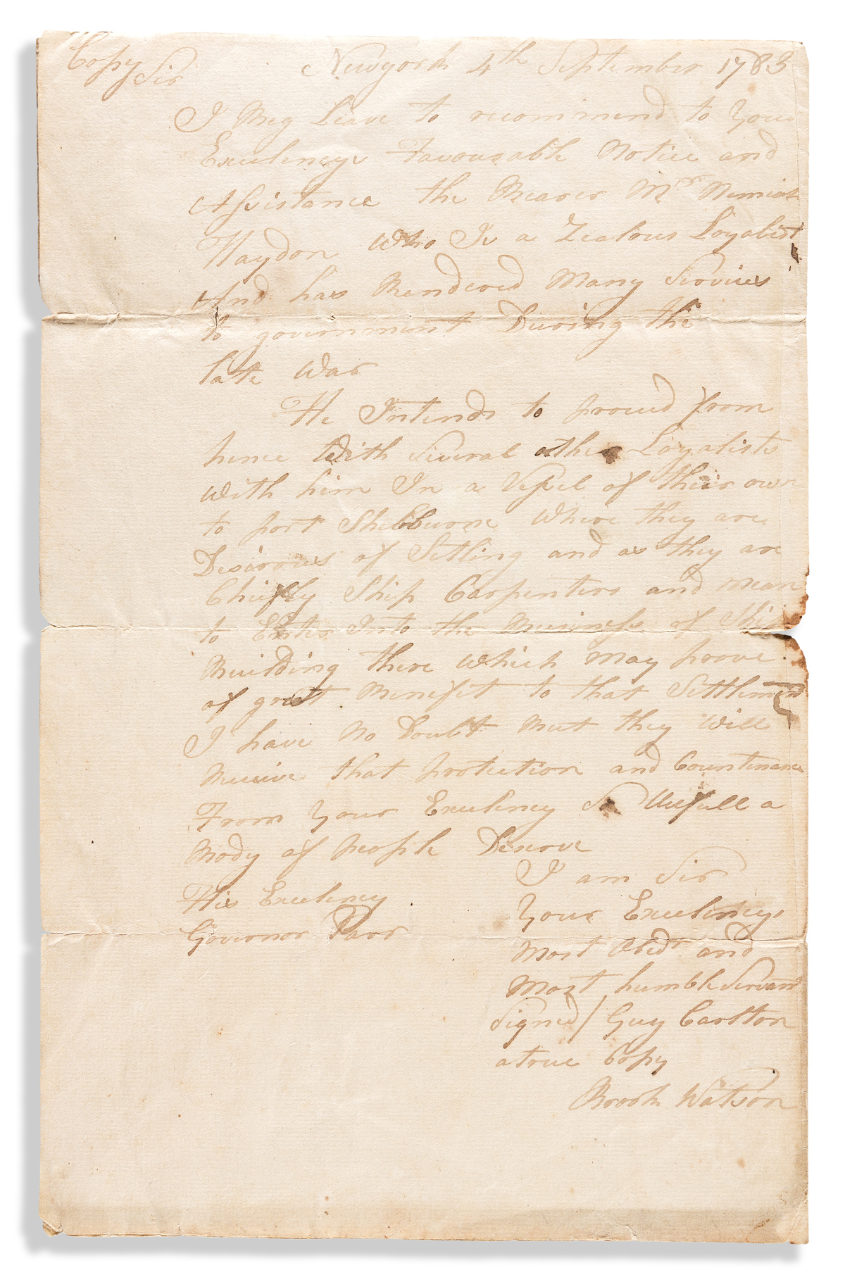 (AMERICAN REVOLUTION--1783.) Sir Guy Carleton. Letter of recommendation for a New York Loyalist seeking refuge in Nova Scotia.